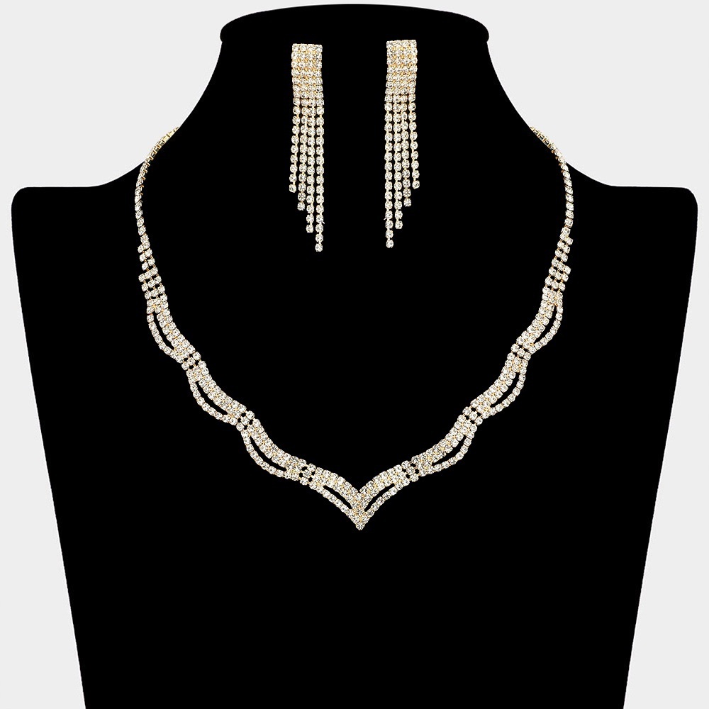 Elegant Gold Rhinestone Necklace and Earring Set